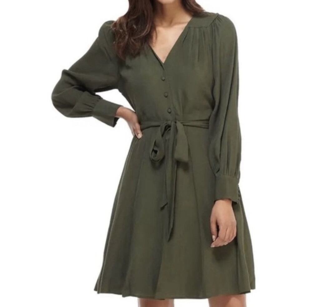 Gal Meets Glam Dress 00 Long Sleeve Belted Fit And Flare Olive Green